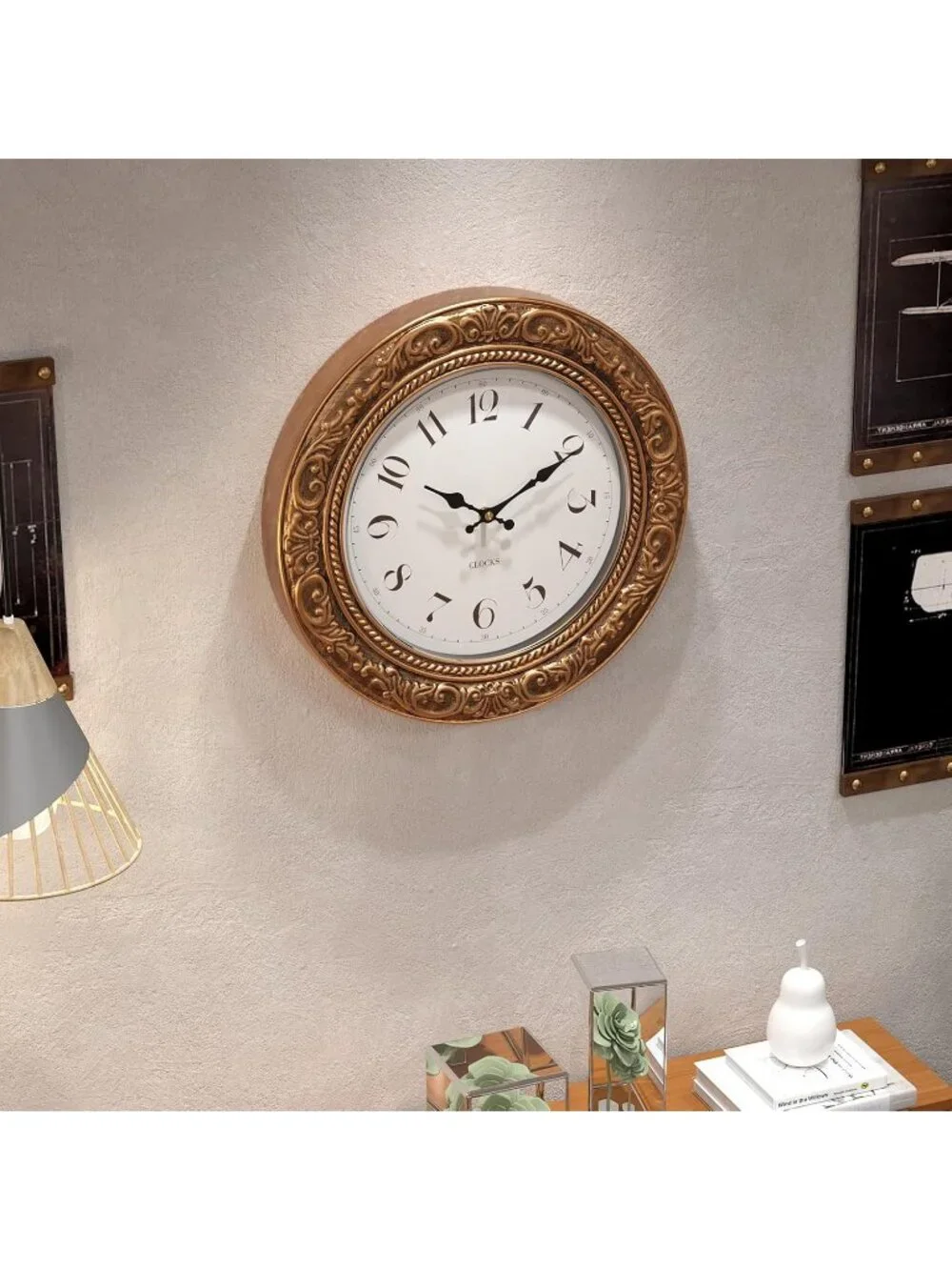 Home Gold Analog Quartz Battery Operated European Vintage Decorative Wall Clock